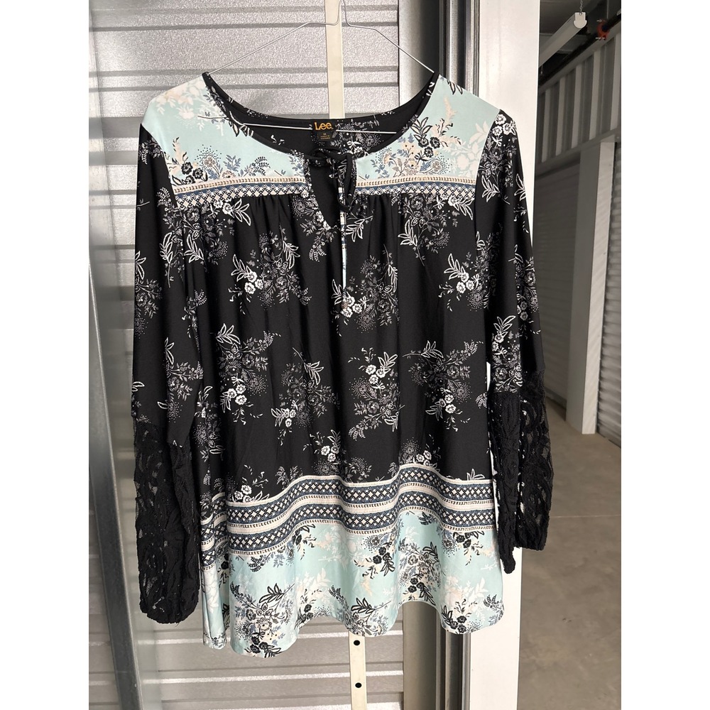Lee Womens Floral Lace Sleeve Peasant Blouse Black Mint Green Plus 1X